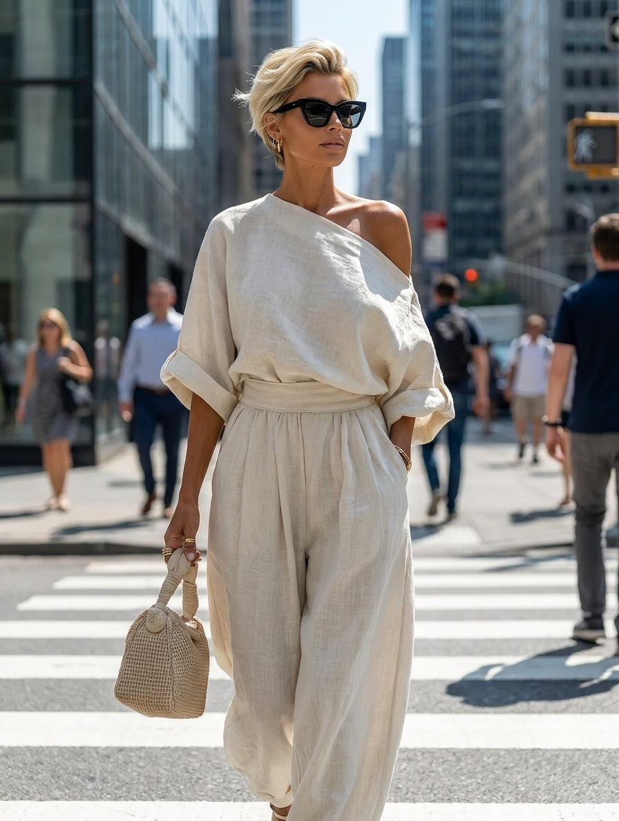 Women's Off-white Linen Off-shoulder Loose Casual Top And Tapered Pants Set MDA2770K8T