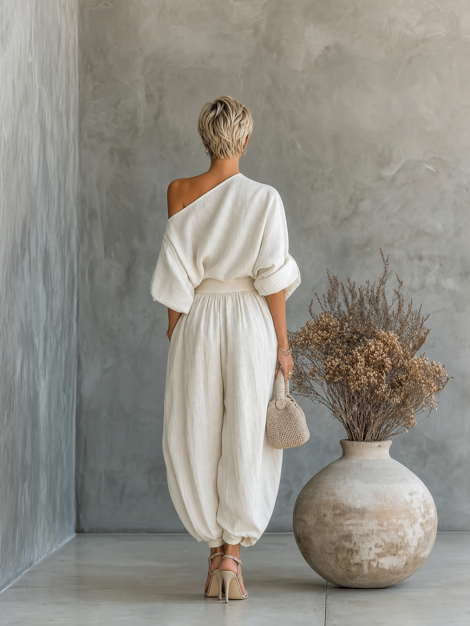 Women's Off-white Linen Off-shoulder Loose Casual Top And Tapered Pants Set MDA2770K8T