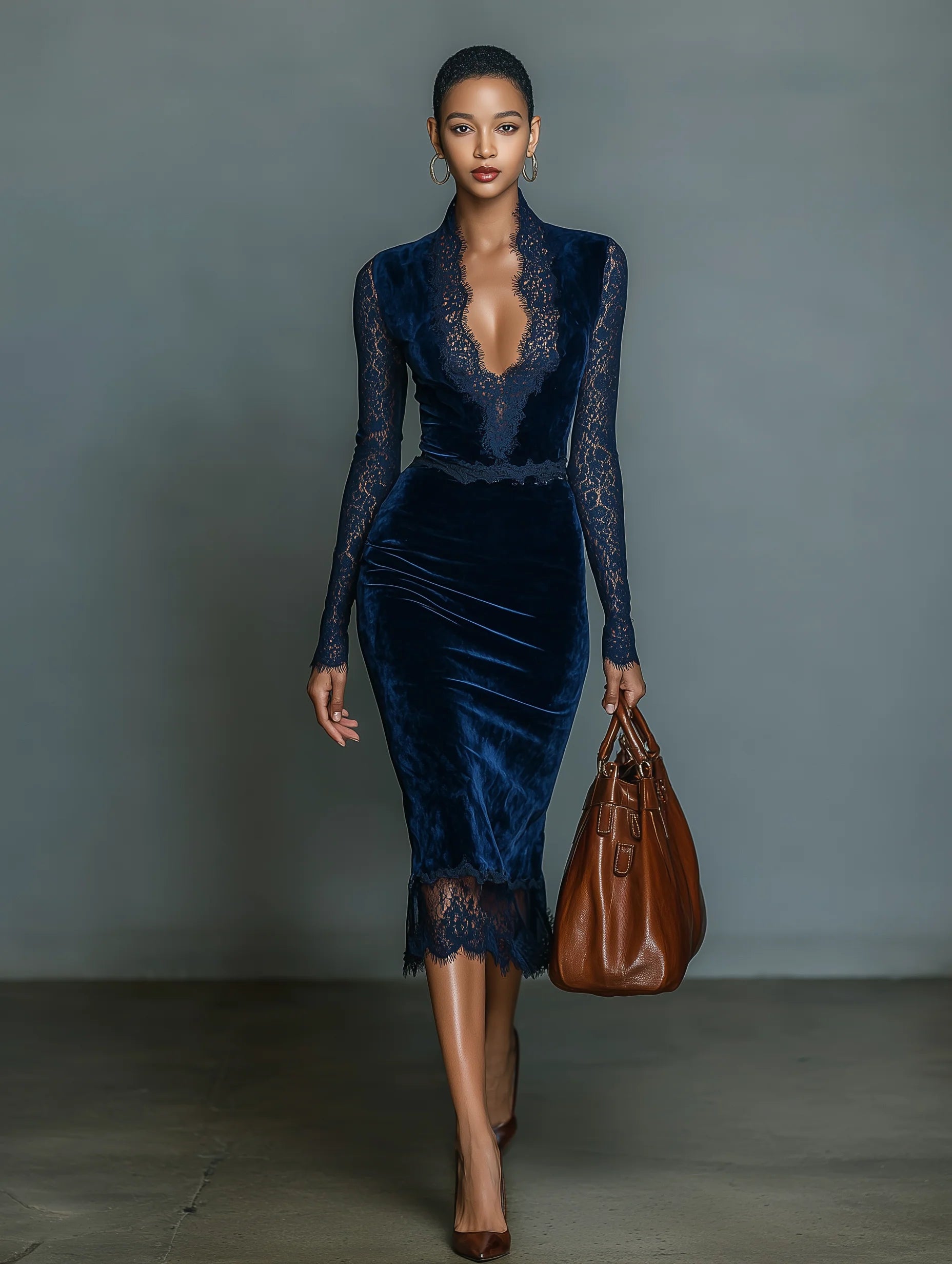 Women's Fashionable And Elegant Dark Blue Velvet Slim-fit V-neck Midi Dress With Lace Trim At The Neckline And Sleeves MDA2937K1AN