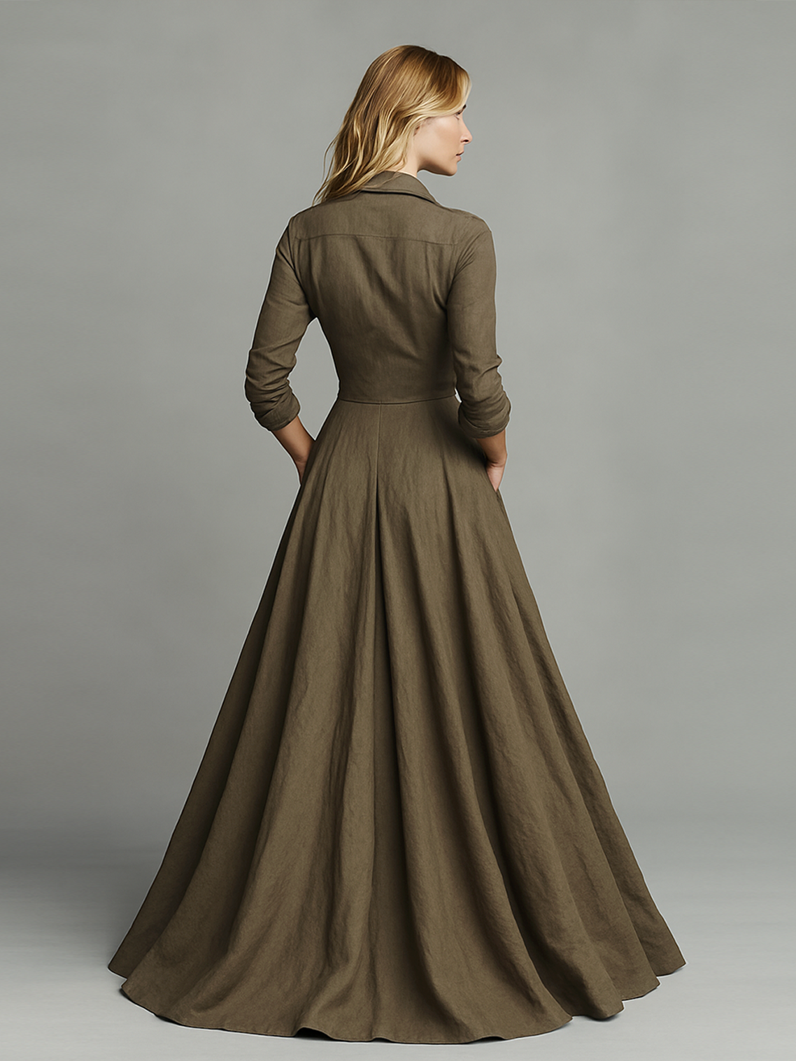 Women's Vintage Cotton And Linen Blended Shirt Floor-Mounting Maxi Dress MDA3058G3Y