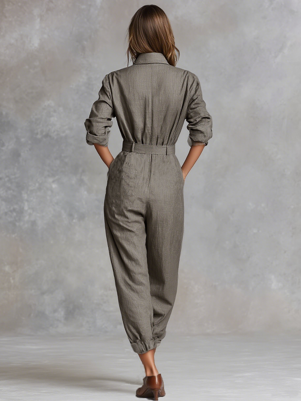 Women's Cotton And Linen Blended Long Sleeve Shirt Jumpsuit MDA3067G8Y