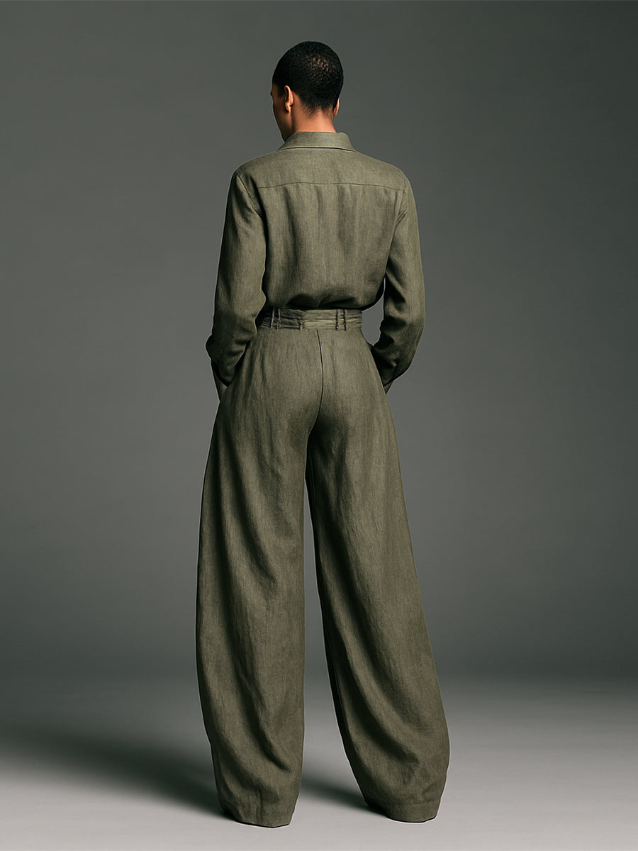 Women's Fashion Cotton And Linen Blended Long Sleeve Shirt Wide Leg Pants Two-Piece Set MDA3076G5Y
