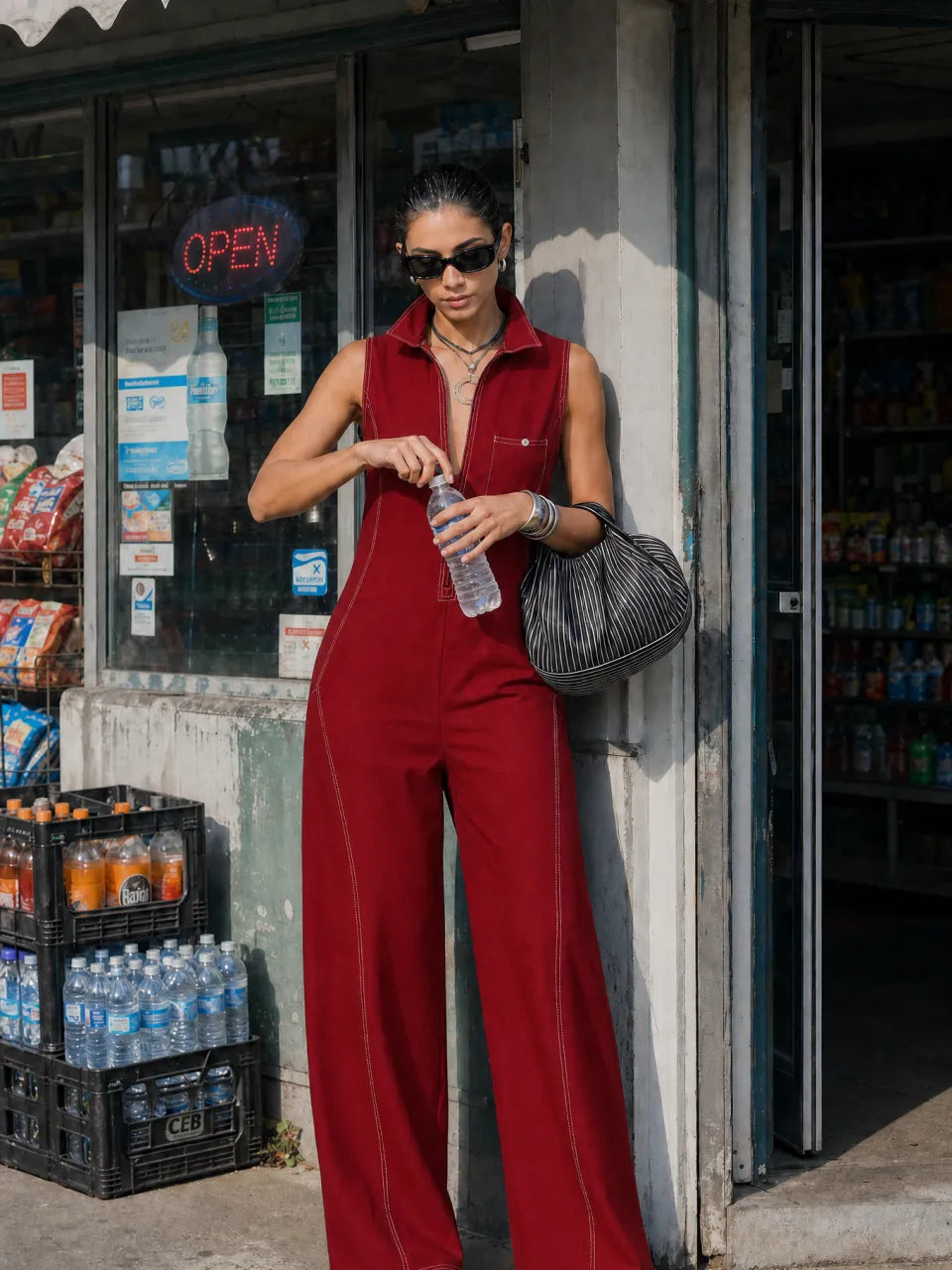 Women's Minimalist Loose-fitting White Trim Sleeveless Jumpsuit MDA3086L9Y