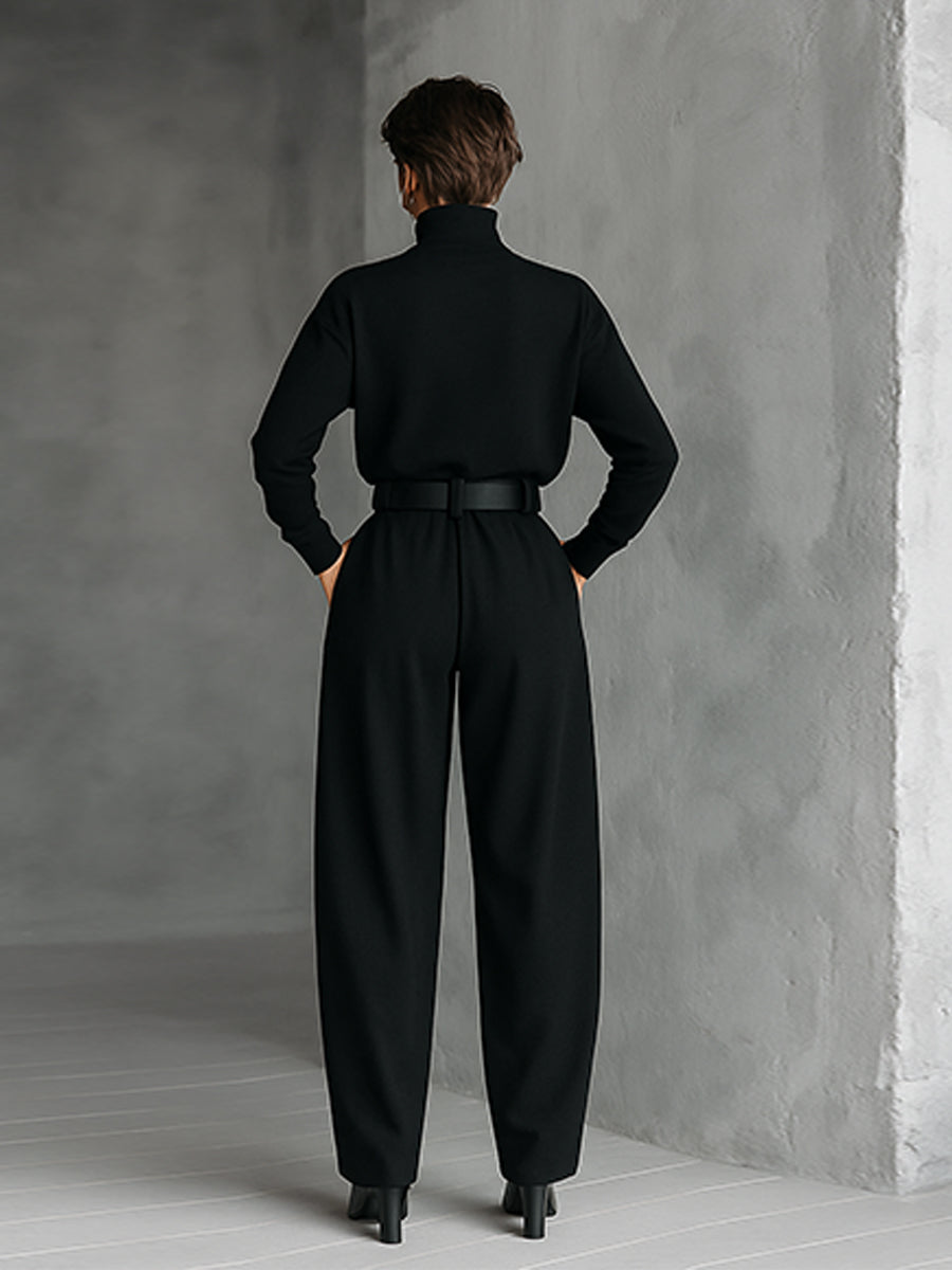 Women's All-black Turtleneck Long-sleeved T-shirt And Straight-leg Pants Two-piece Set (including Belt)MDA3095G6Y