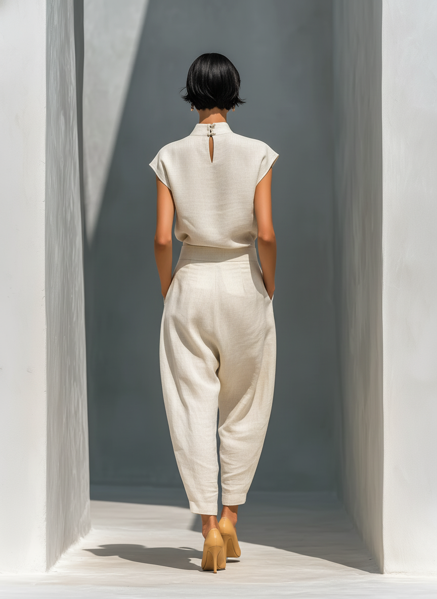 Women’s Ivory Linen-Blend Mandarin Collar Keyhole Top & High-Waisted Barrel Leg Skirt Two-Piece Set MDZ0128D1T