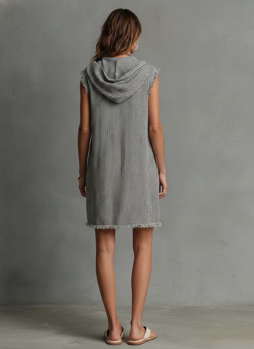 Women's Minimalist Striped Hooded Sleeveless Raw-Hem Mini Dress MDZ0135F1Y