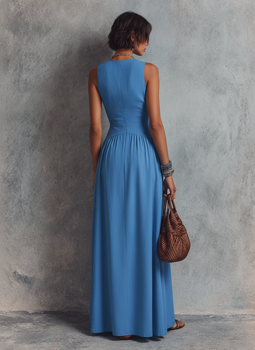Women's Vacation Style Royal Blue Cotton Blend Deep V Sleeveless Hand Ruched Button Pocket Maxi Dress MDZ0218F3GMJ