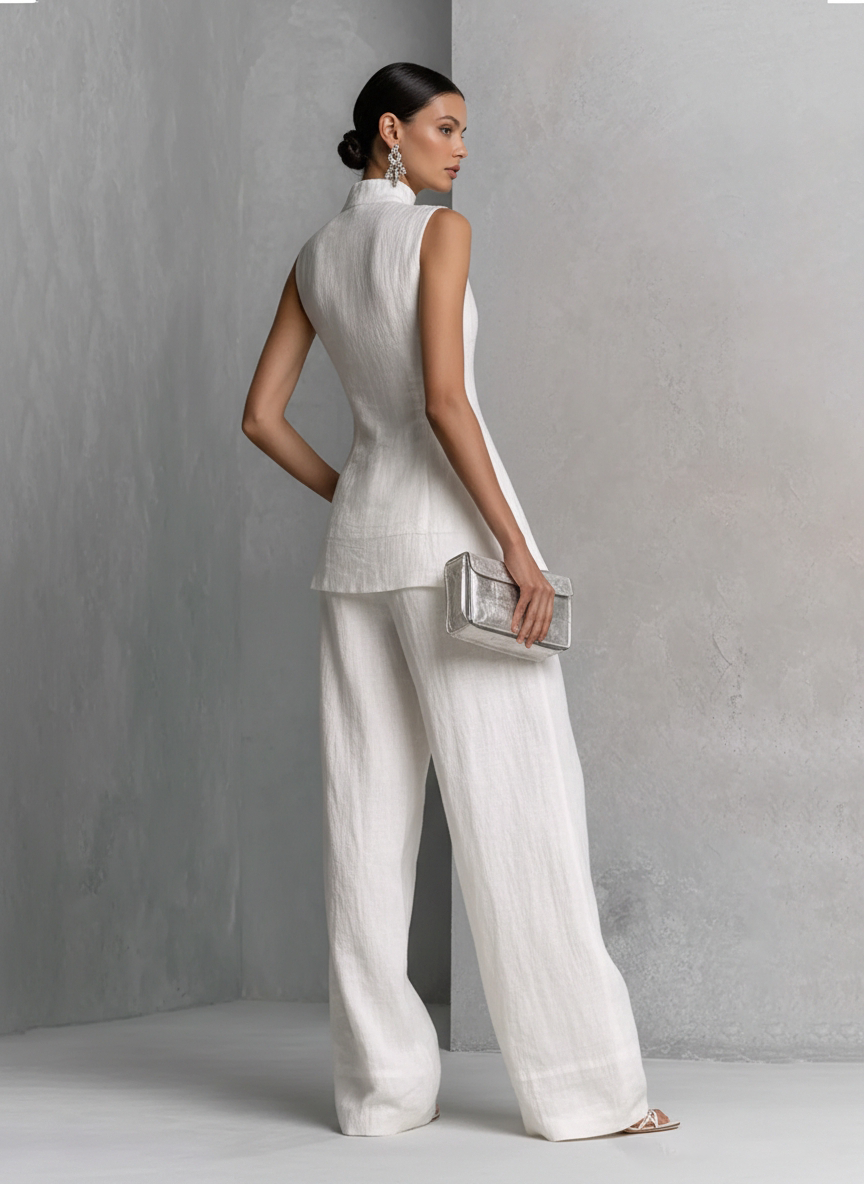 Women's Elegant White Crinkled Fabric Sleeveless Top And Wide-leg Pants Set MDZ0221B1BA