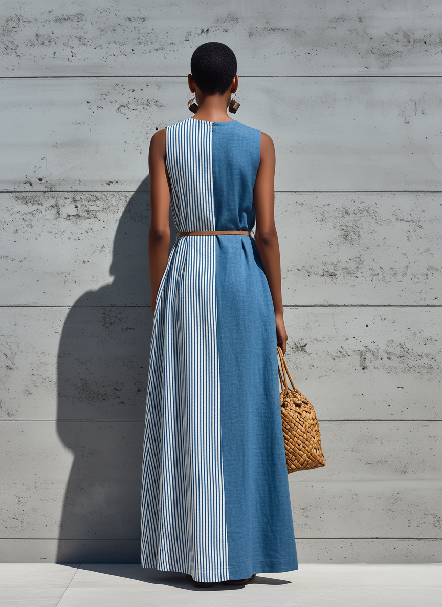 Women’s Color Block Cotton-Linen Striped Linen Sleeveless Maxi Dress With Drawstring Waist & Pockets MDZ0231F6T