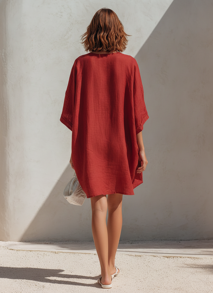 Women's Minimalist Linen-Blend V-Neck Batwing Short Kaftan Dress MDZ0268F0ZRK