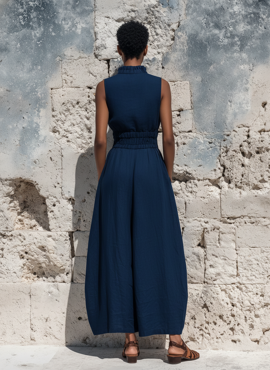 Women's Navy Linen-Blend Sleeveless Maxi Dress with Ruffled Neckline and Elastic Waist MDZ0332F3T