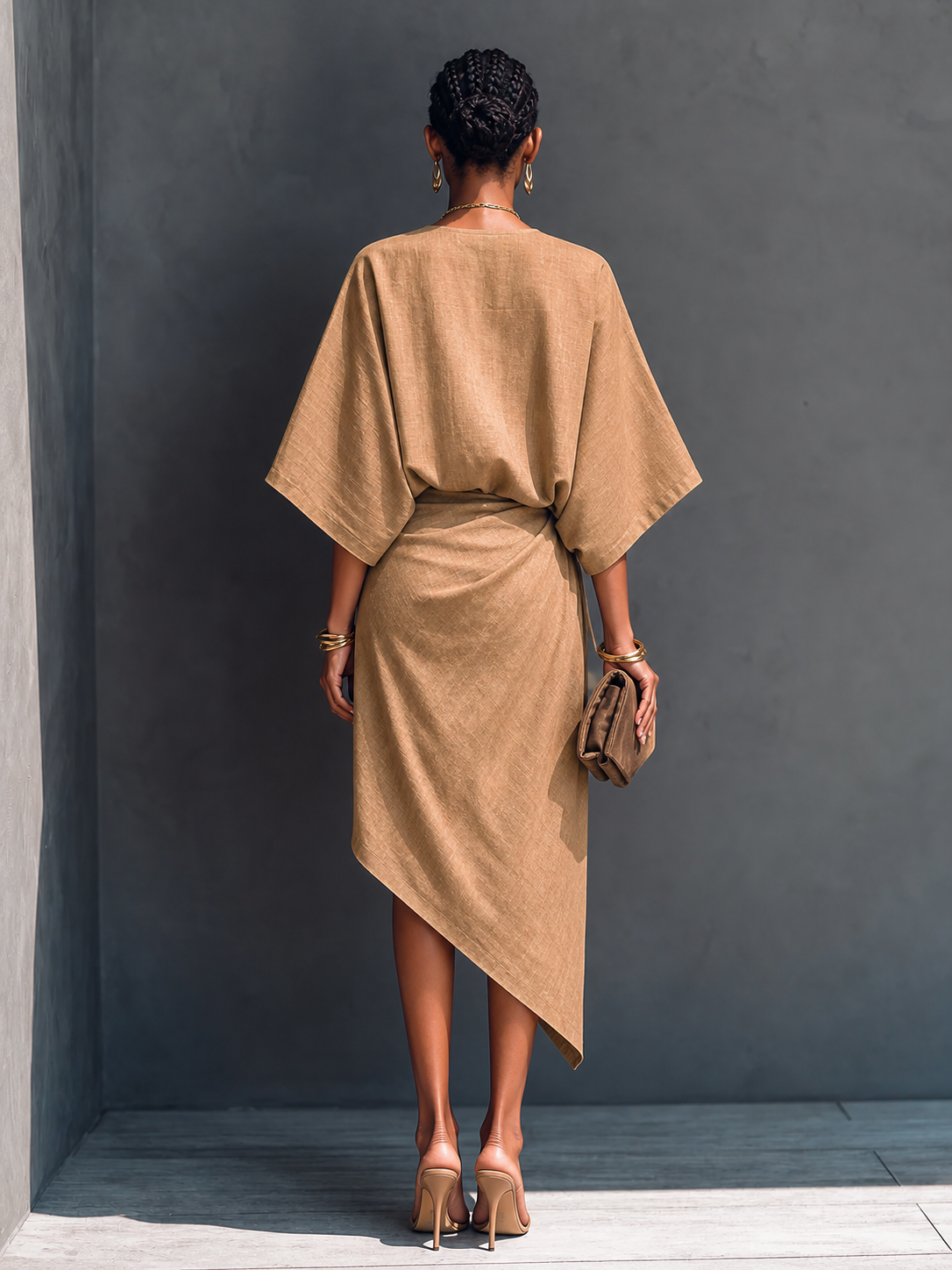 Women's Modern Minimalist Khaki Linen Blend Draped Asymmetric Short Sl – Modesees
