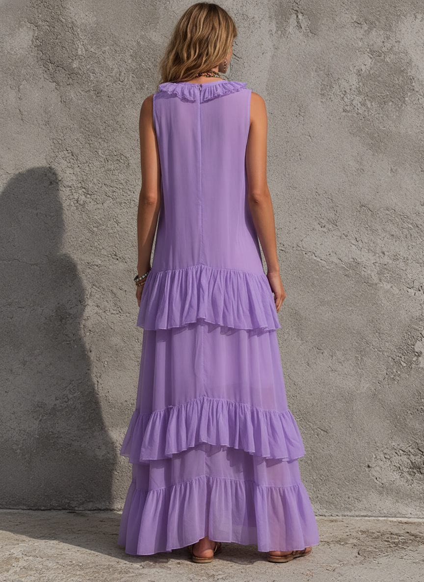 Women's Casual Vacation Style Light Purple Chiffon Ruffled V-Neck Sleeveless Irregular Long Dress MDZ0505F5GMJ