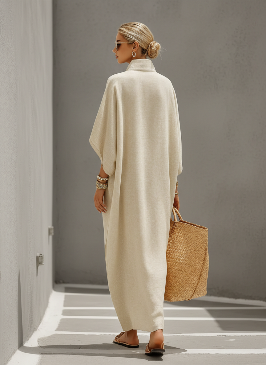 Women's Oatmeal Linen Dress With Mandarin Collar & Dolman Sleeves, Timeless Resort-Casual Style Dress MDZ0552B1I