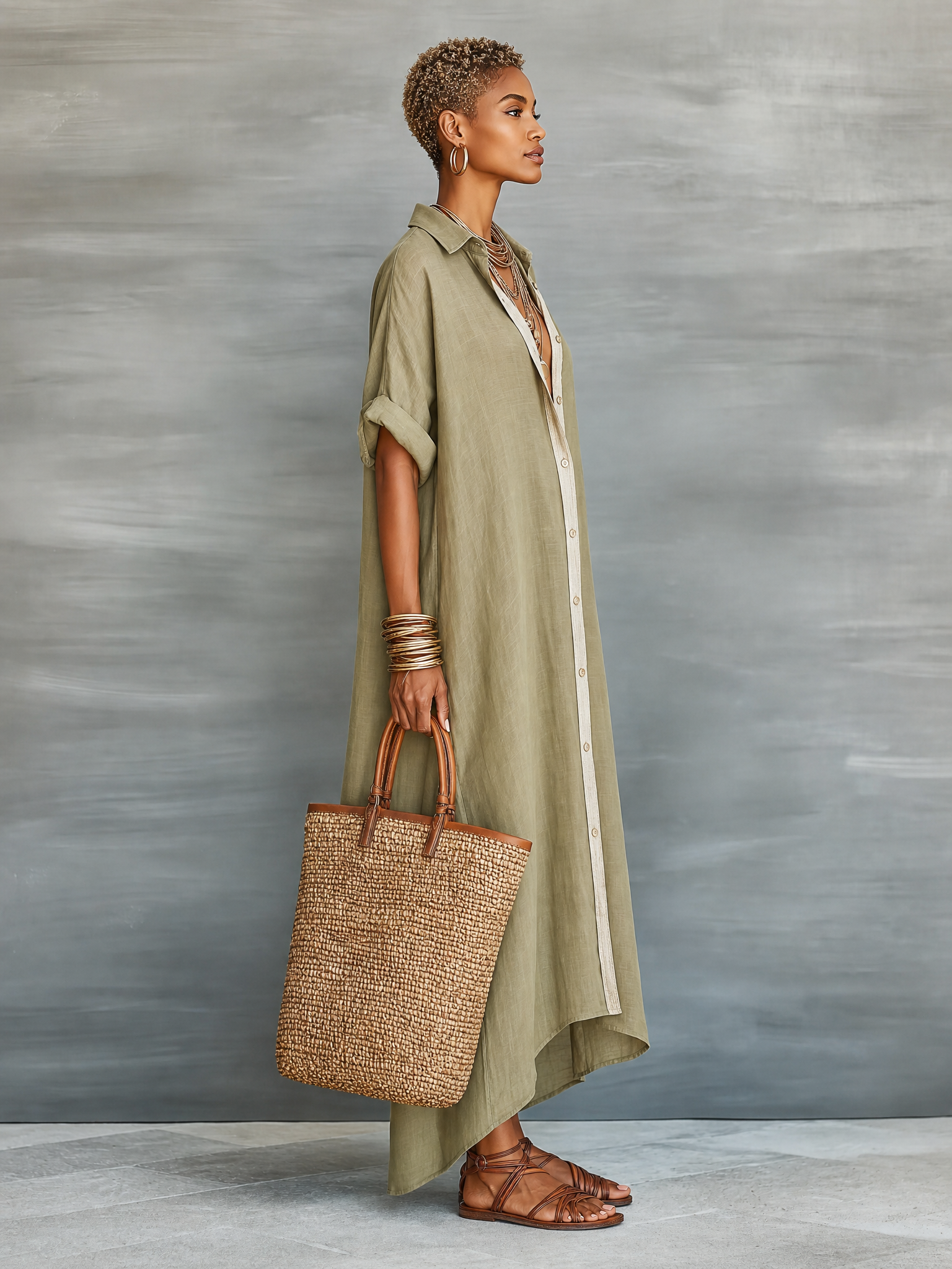 Women's Minimalist Linen Blend Short-sleeved Shirt Maxi Dress MDZ0647A2Y