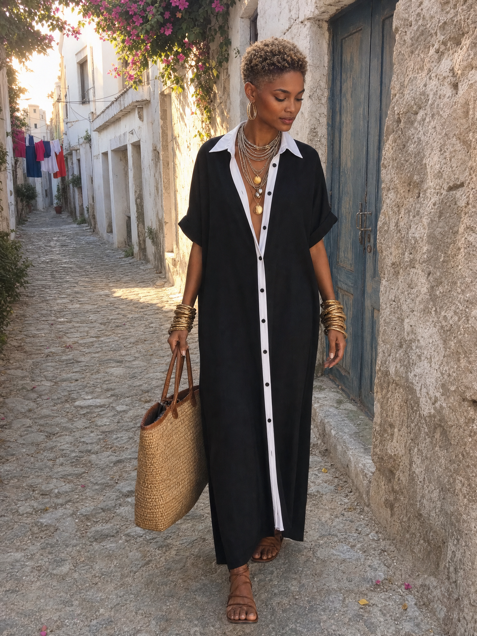 Women's Minimalist Linen Blend Short-sleeved Shirt Maxi Dress MDZ0647A – Modesees