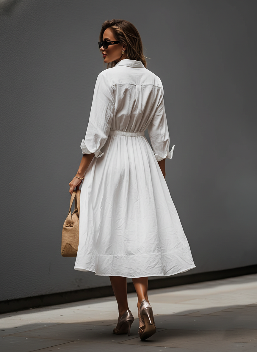 Women's White Linen Dress With Shirt Collar & Elastic Waist, Timeless Effortless-Chic Style Dress MDZ0661B8I