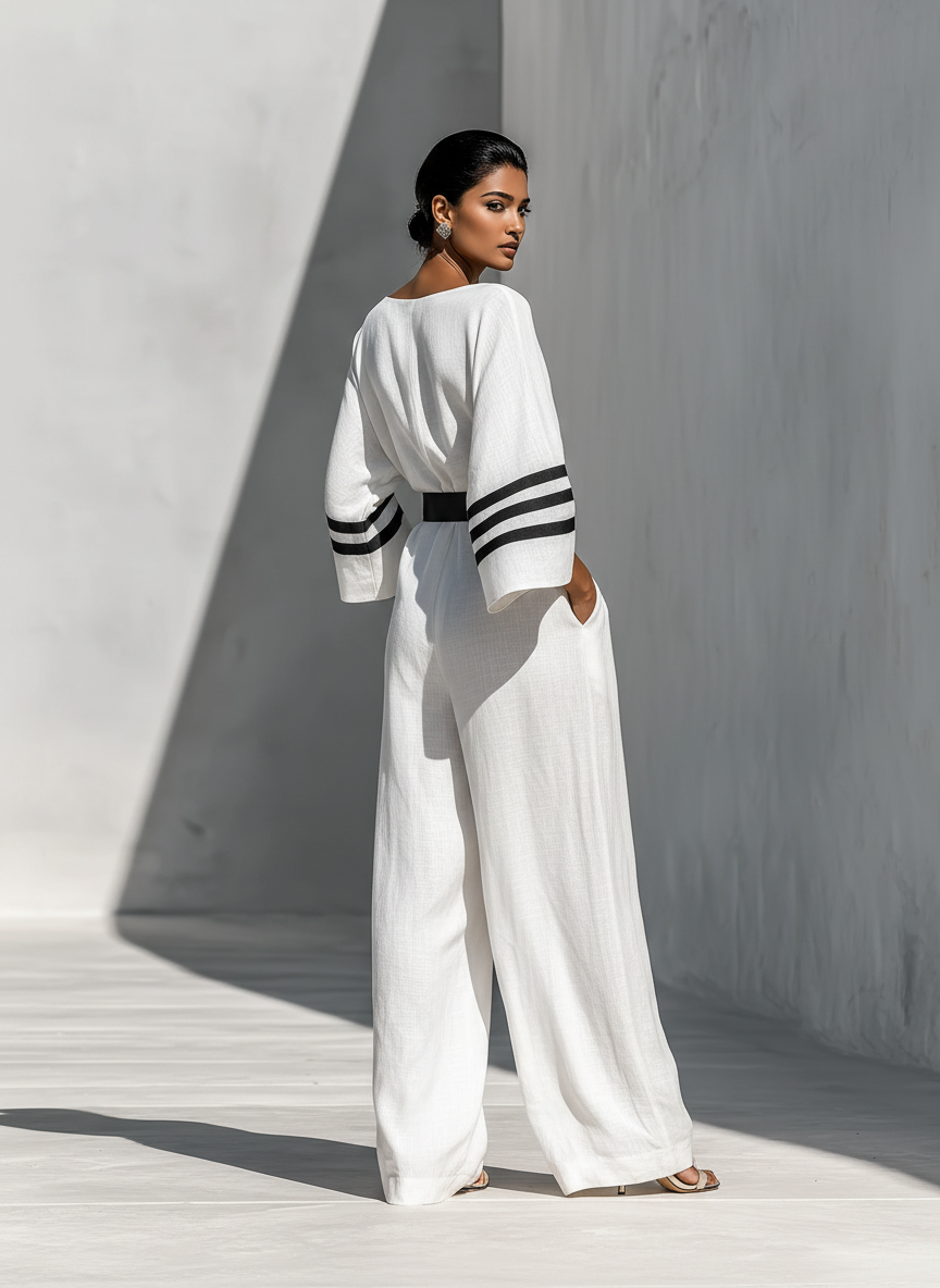 Women's Ivory Linen Fabric Wide-Sleeve Jumpsuit With Striped Cuffs & Belted Waist MDZ0690B3T