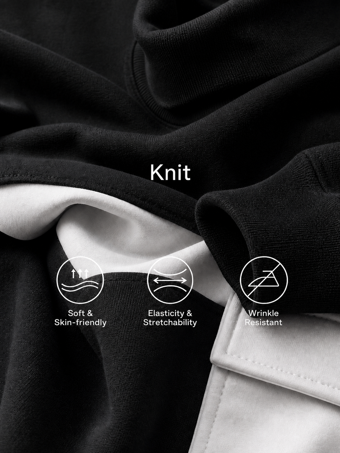 Women’s Black Cotton Knit Oversized High Neck 3/4 Sleeve Sweatshirt & Elastic Cuff Color Block White Patch Pocket Jogger Cargo Pants Two Piece Tracksuit Set MDZ0696G6YZJ