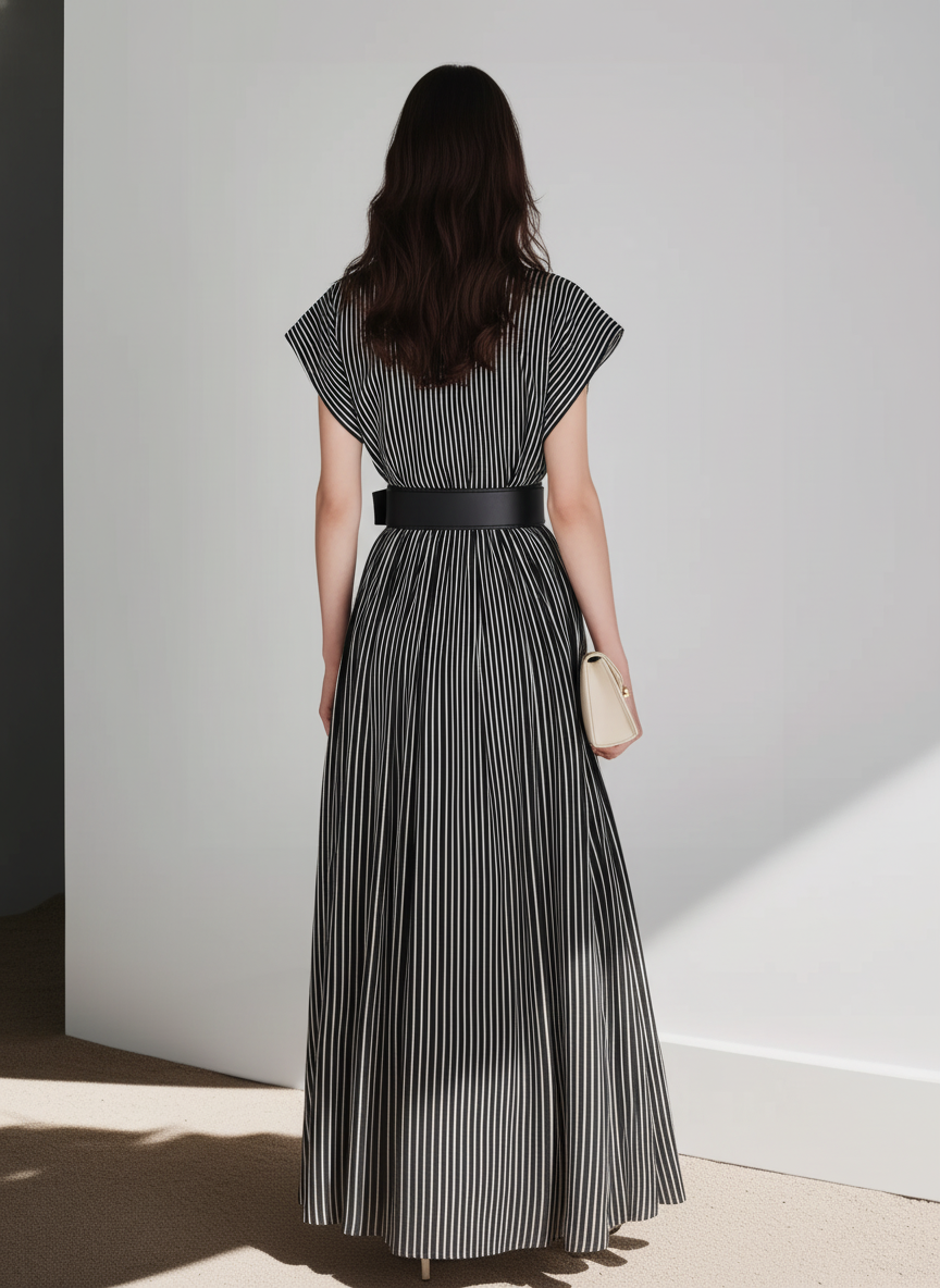 Women's Casual Black And White Striped Woven Short-Sleeve Shirt Dress (Belt Not Included) MDZ0780D6LXY