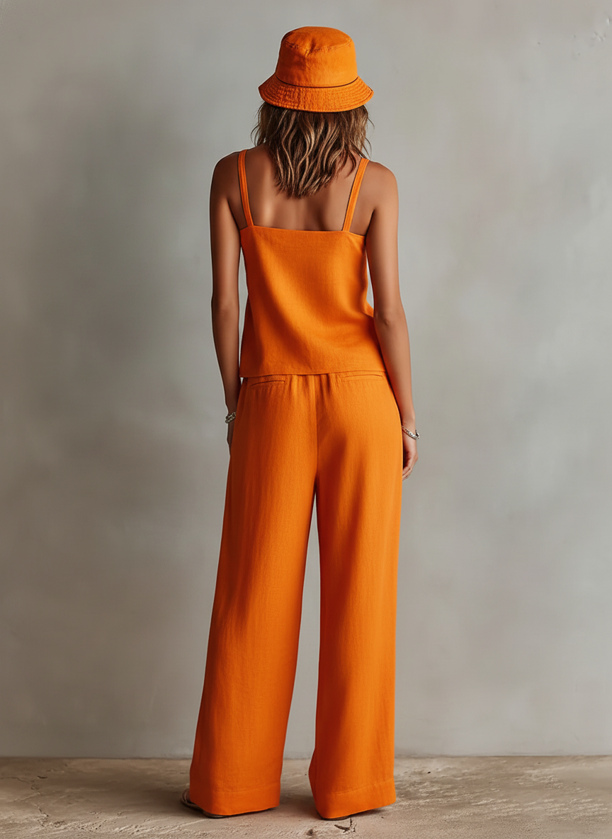 Women's Orange Linen Two-Piece Set With Square Neck Cami Top & Tie-Waist Wide-Leg Pants, Timeless Boho-Resort Style Set MDZ0825D5I