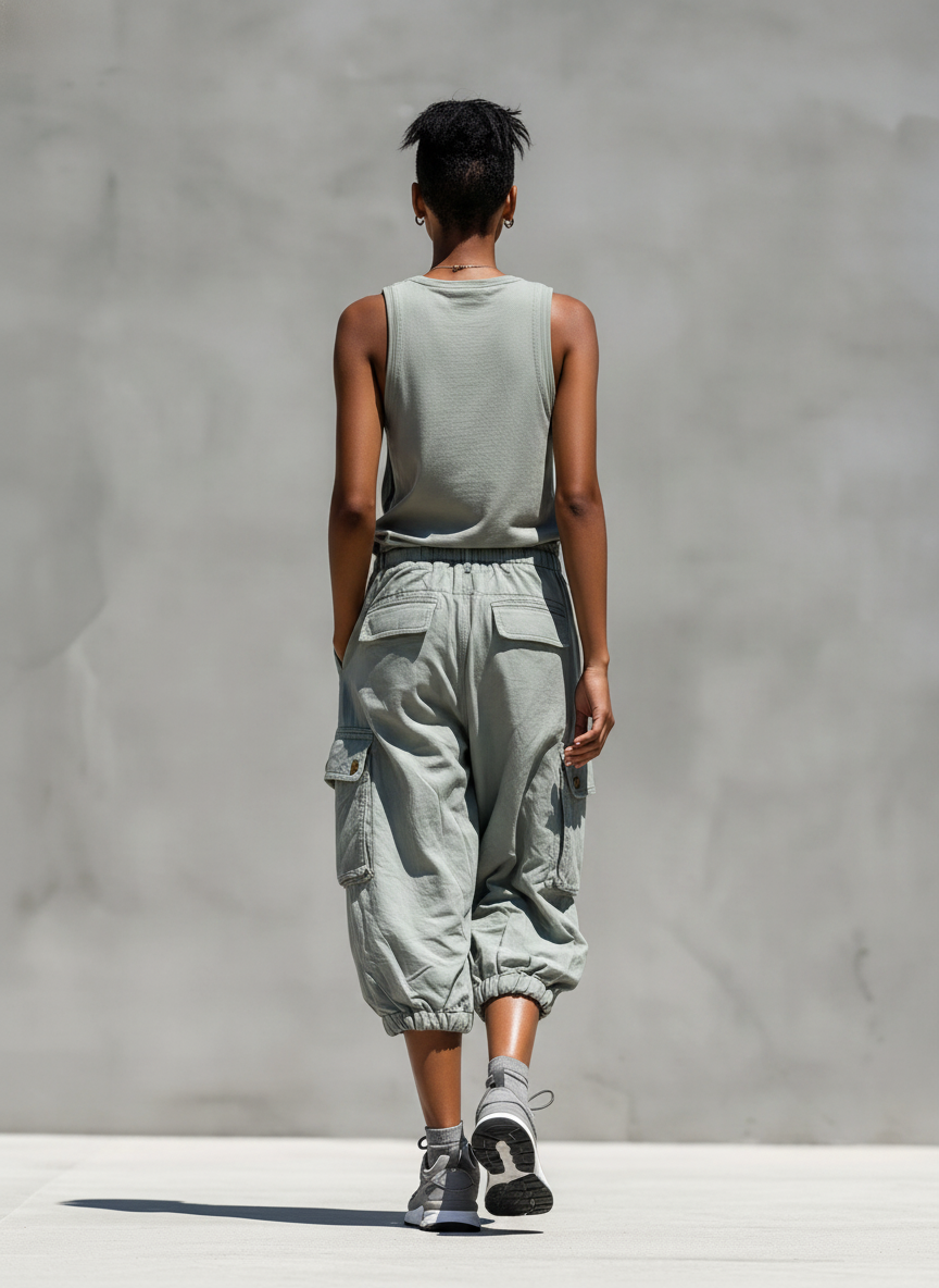 Women’s Grey Sleeveless Tank Top & Cargo Jogger Shorts Two-Piece Set MDZ0853E1T