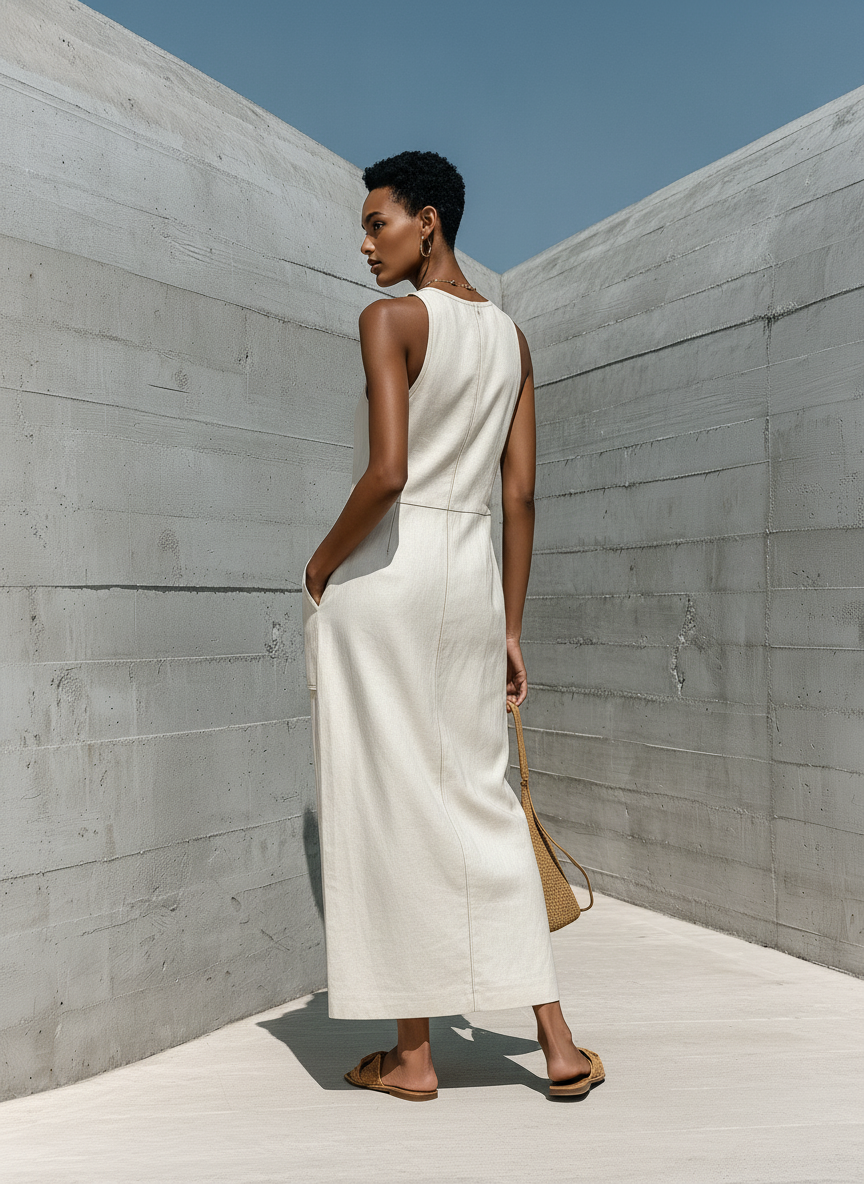 Women’s Minimalist Beige Linen Sleeveless Sheath Maxi Dress With Front Stitching & Side Pockets MDZ0863F1T