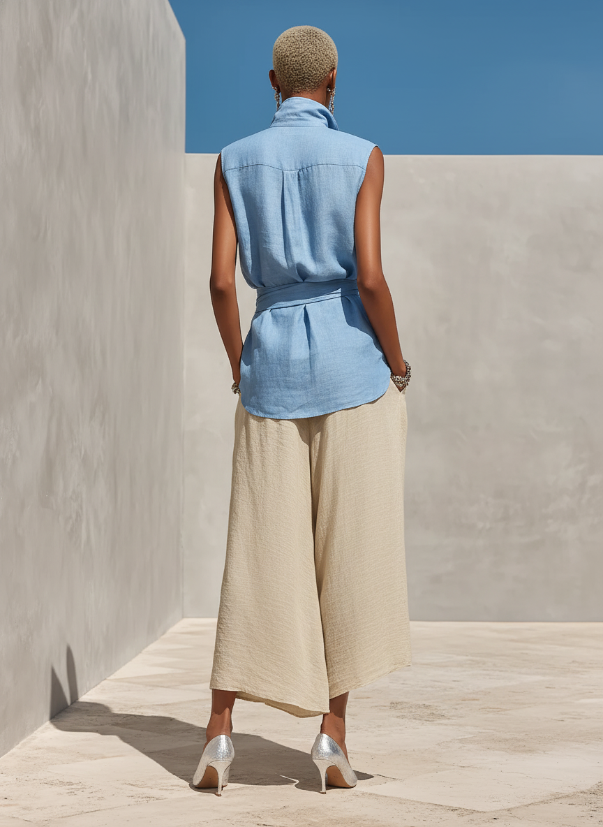 Women's Blue & Beige Linen Two-Piece Set With Sleeveless Tie-Waist Shirt & High-Waisted Wide-Leg Pants, Timeless Minimalist-Chic Style Set MDZ0875D4I