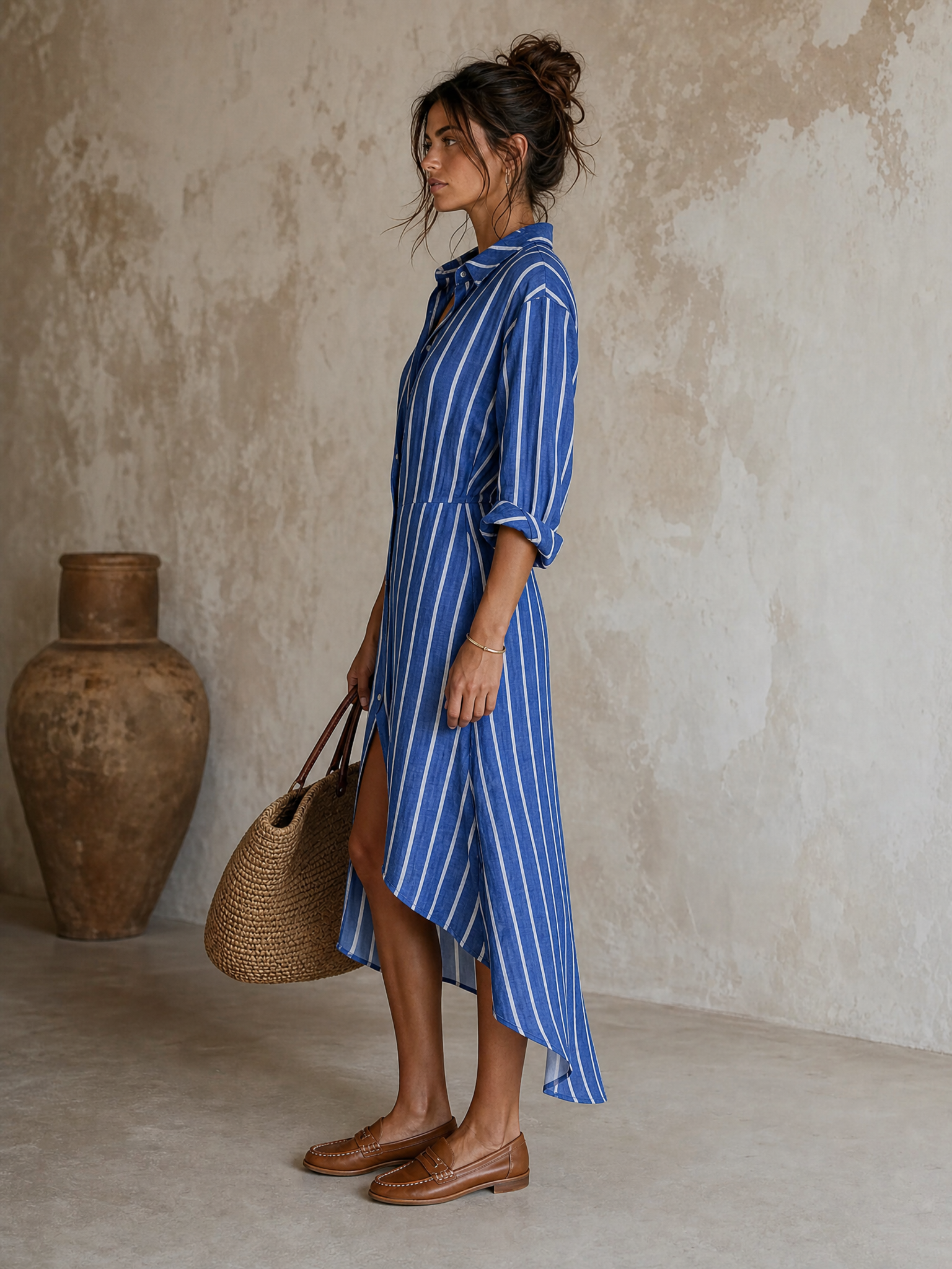 Women's Minimalist Striped Single-Breasted Long-Sleeve Midi Dress With Asymmetric Hem MDZ0877G0WY