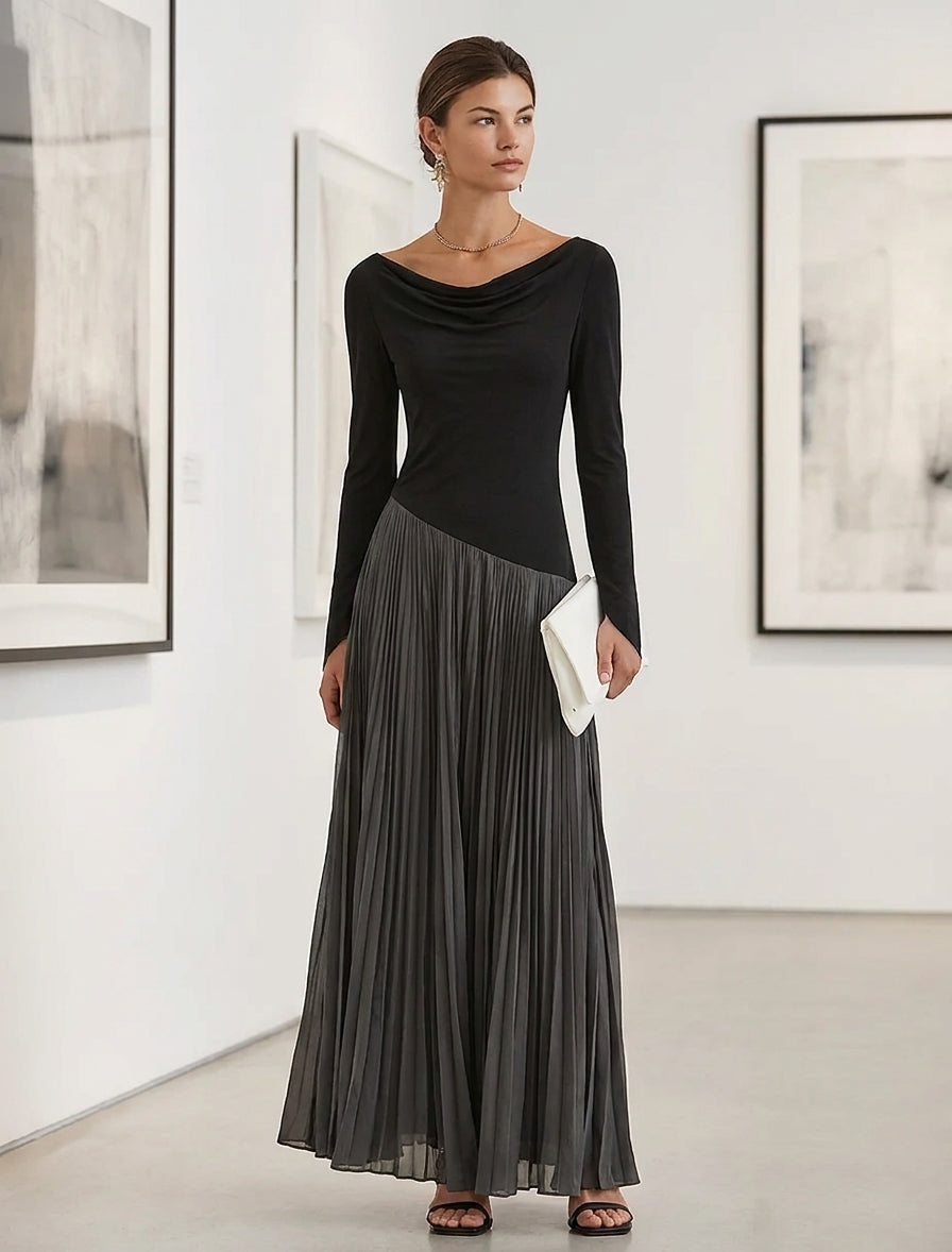 Women's Minimalist Two-Tone Color-Block Maxi Dress With Drape Neckline  MDZ0907G9ZRK