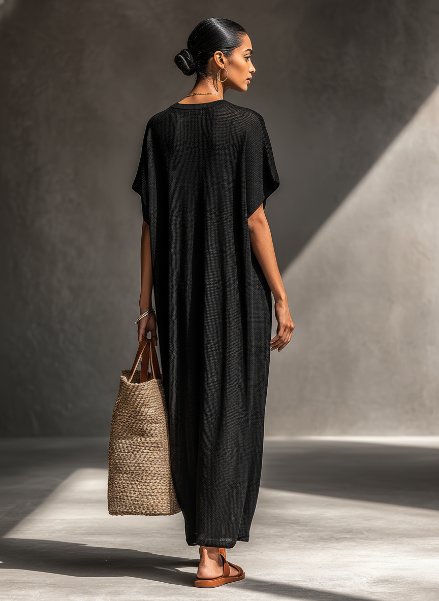Women's Minimalist Sheer Knit Short-sleeved Maxi Dress MDZ0911A8Y
