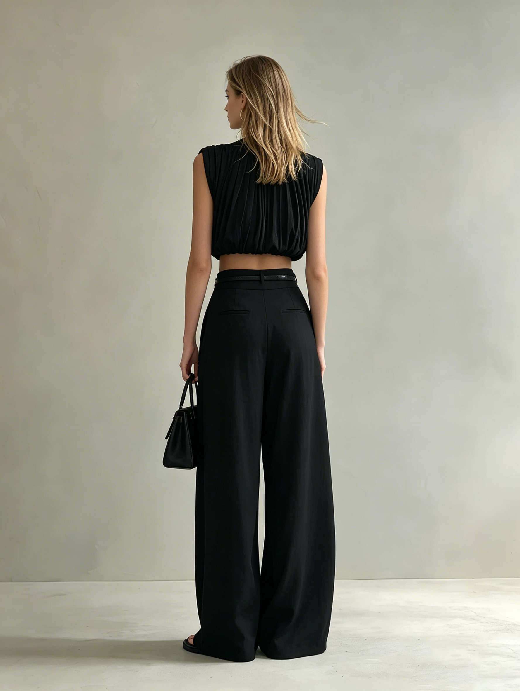 Women's Elegant Black Sleeveless Chiffon Top Paired With Black Woven Trousers (belt Not Included) MDZ0919F3LXY