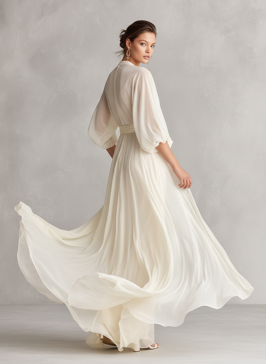 Women's Ivory Sheer Chiffon Dress With Puff Sleeves & Wrap Detail, Timeless Romantic-Luxe Style Dress MDZ0932A1I