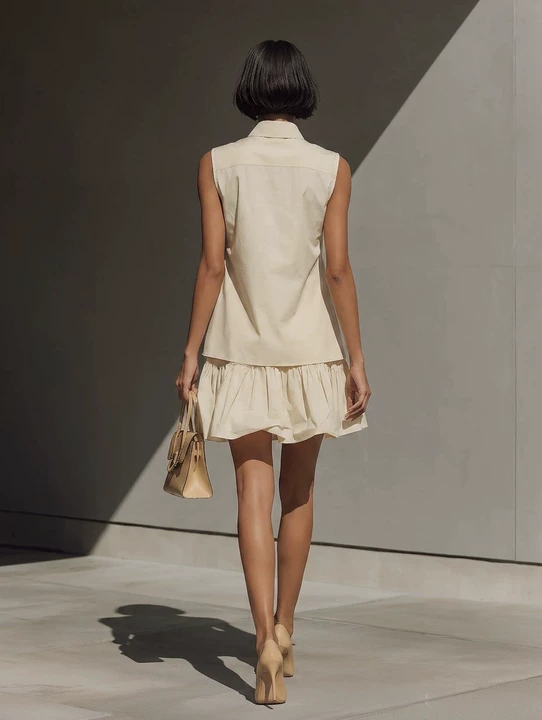 Women’s Beige Sleeveless Button-Down Shirt & Tiered Ruffle Mini Skirt Two-Piece Set MDZ0942E6T