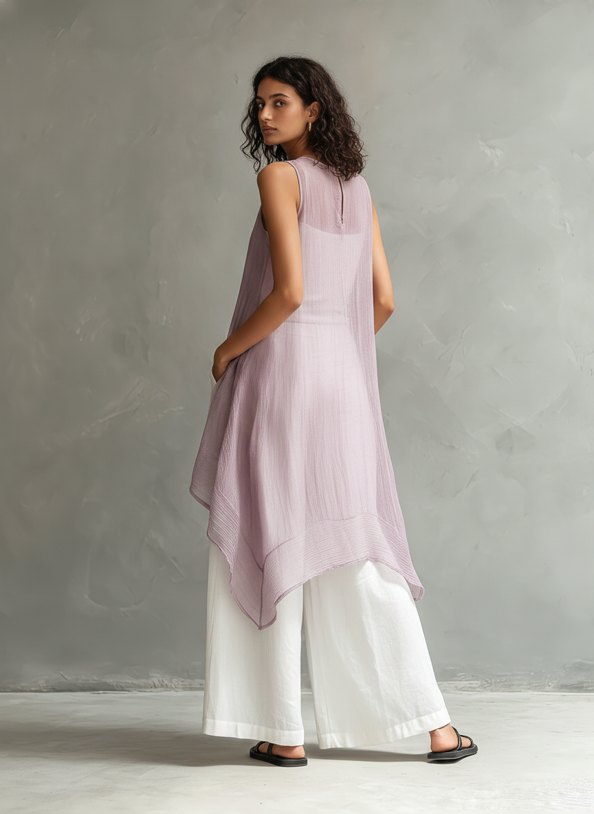 Women's Casual Sleeveless Light Purple Chiffon Blouse Paired With Cotton-linen Trousers (includes A Camisole) MDZ0948F1LXY