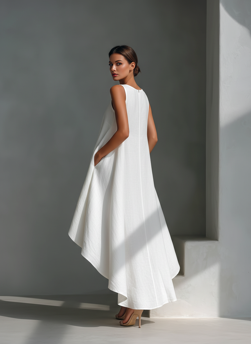Women's White Linen Fabric Sleeveless Midi Dress With Round Neck & Asymmetric Hem MDZ0987B9T