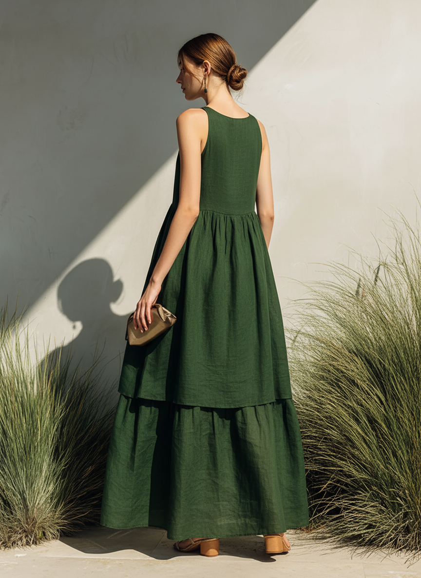 Women's Simple Linen-Blend Sleeveless Tiered Maxi Dress MDZ0994E6ZRK