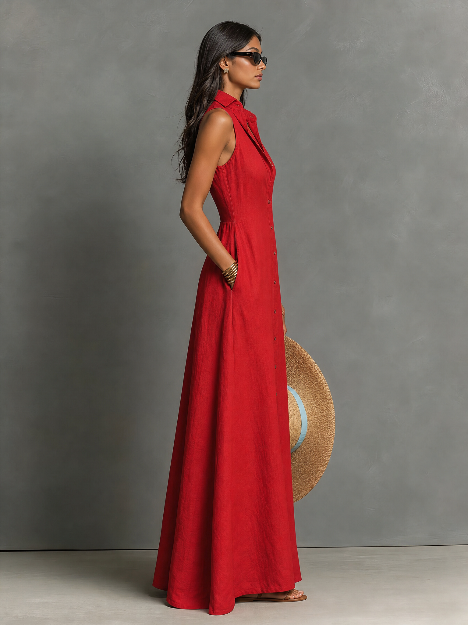 Women's Minimalist Linen-Blend Collared Single-Breasted Sleeveless Maxi Shirt Dress MDZ1011C0Y