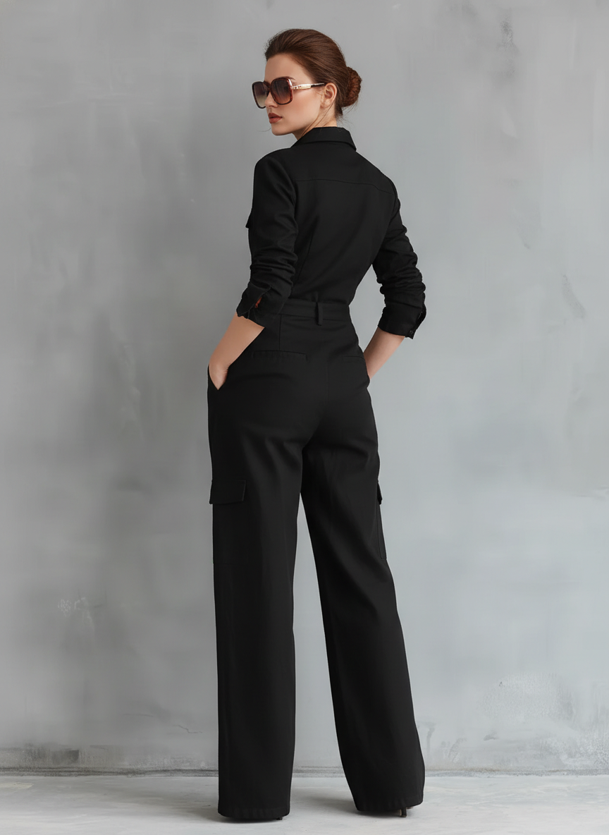 Women's Elegant Black Cotton-linen Blend Long-sleeved Shirt Collar Jumpsuit MDZ1016B0AN