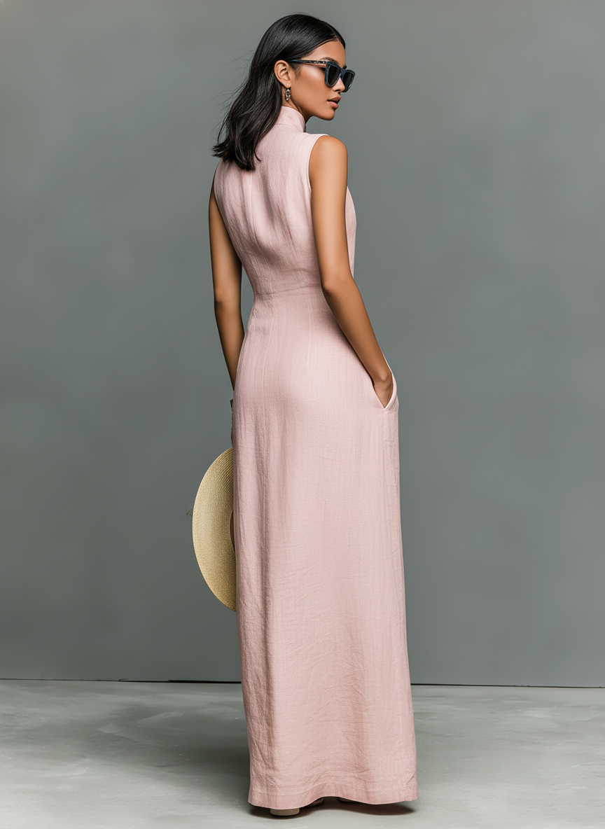 Women's Minimalist Linen-Blend Stand-Collar Single-Breasted Sleeveless Maxi Dress MDZ1049C1Y