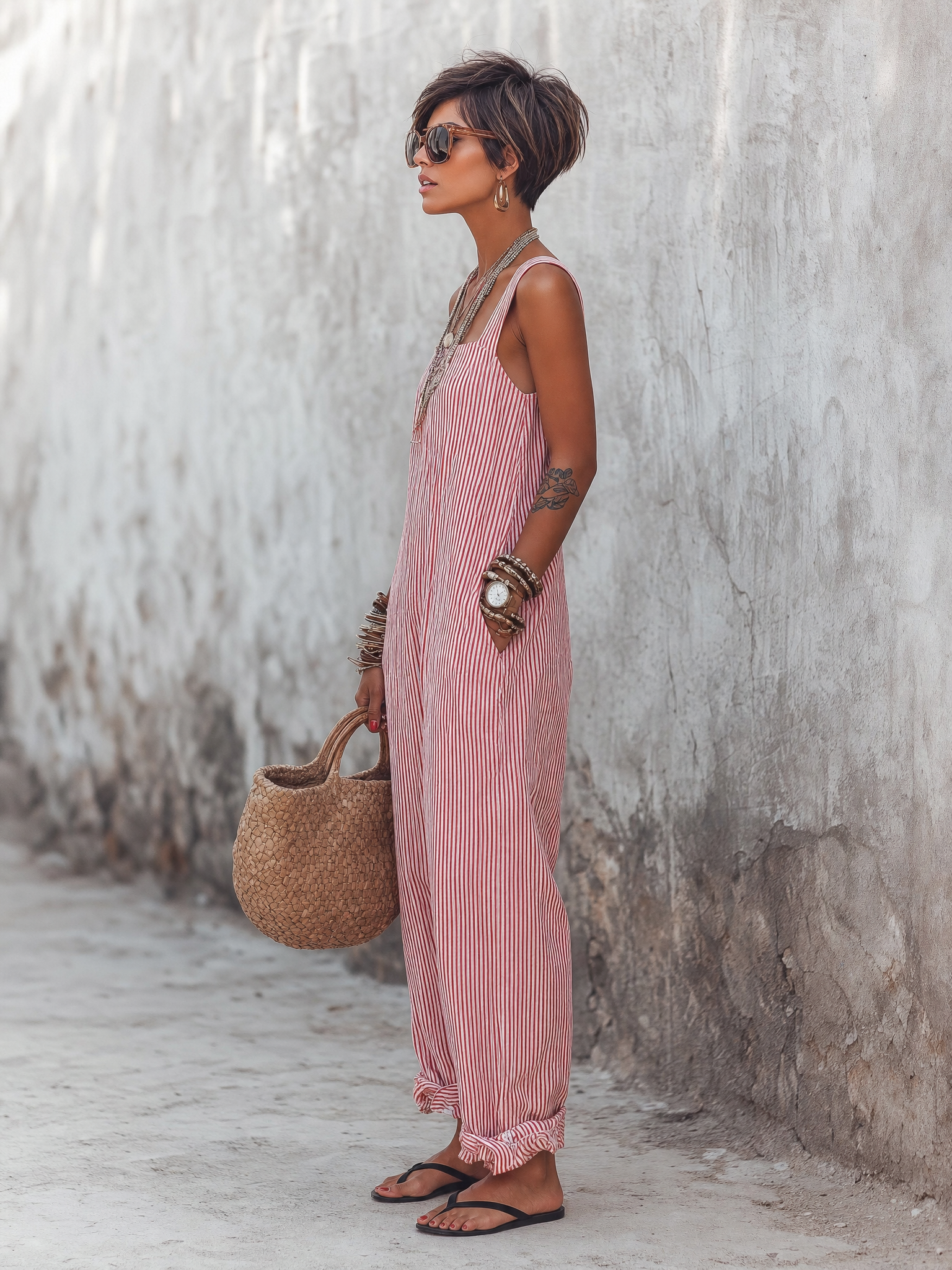 Women's Minimalist Striped Loose-Fit Square-Neck Sleeveless Jumpsuit MDZ1052D7Y
