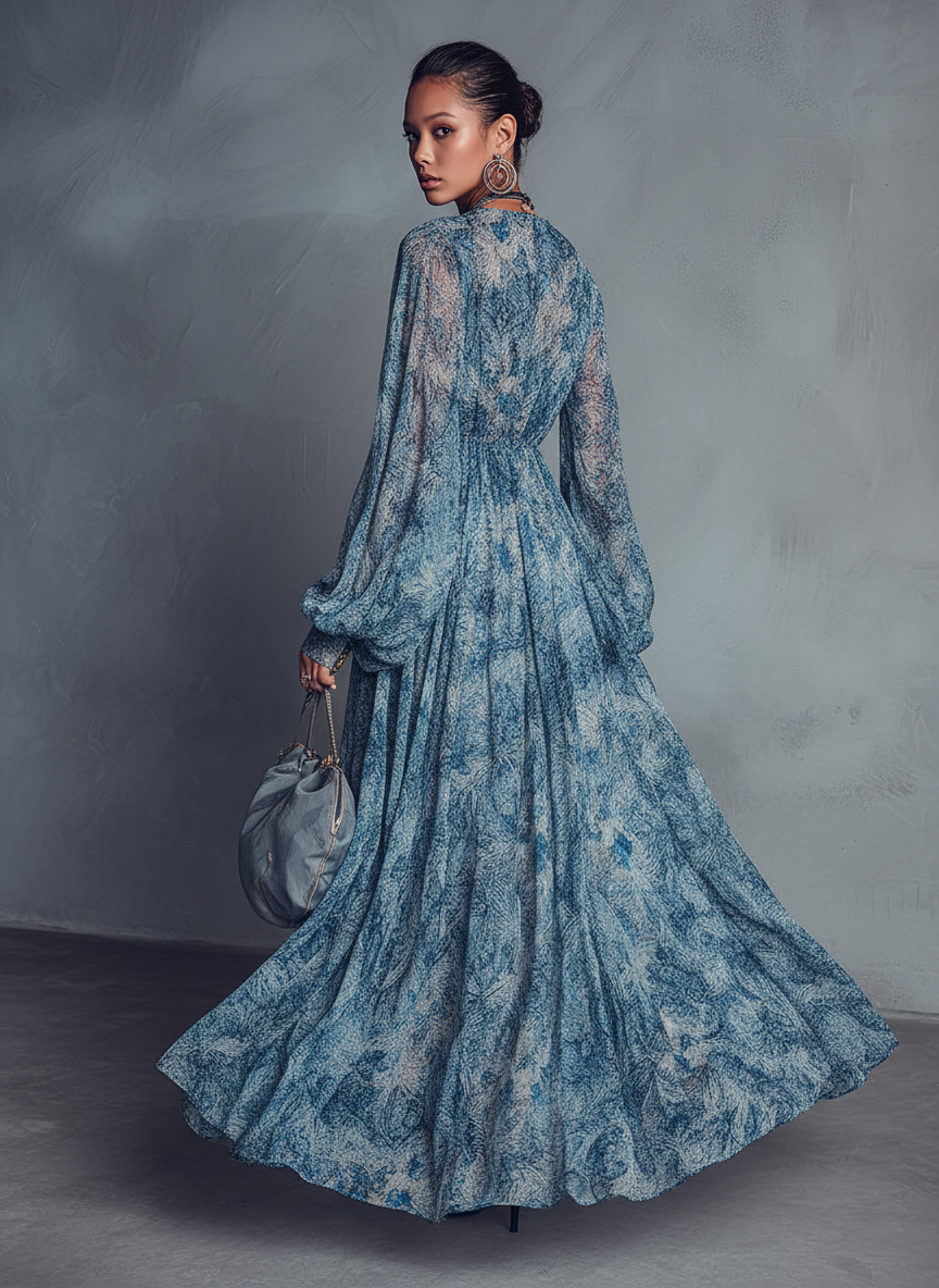 Women's Bohemian Style Blue Floral Print V-Neck Lantern Sleeve Chiffon Maxi Dress MDZ1067B8BA