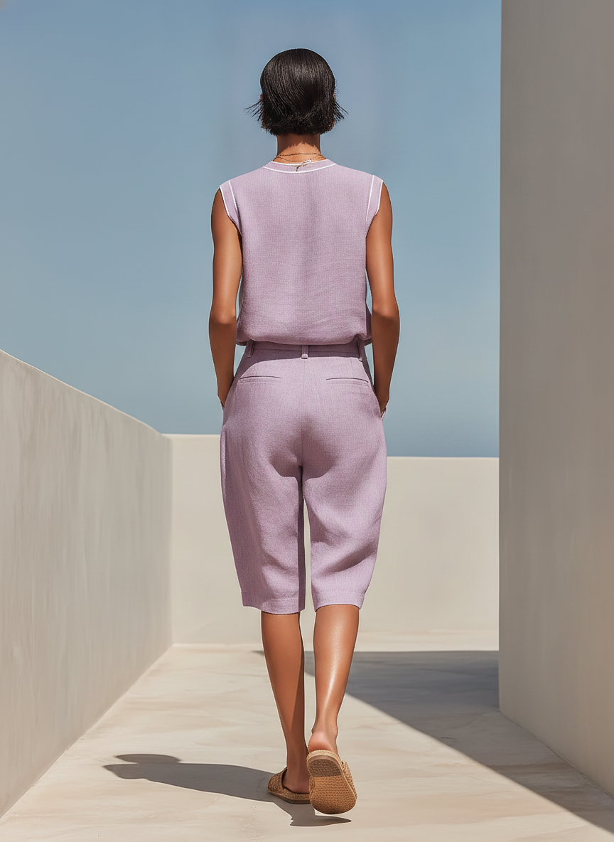 Women's Lavender Linen-Blend Two-Piece Set With Contrast Trim Sleeveless Top & High Waist Shorts, Minimalist Casual Resort Outfit MDZ1084F1LYL