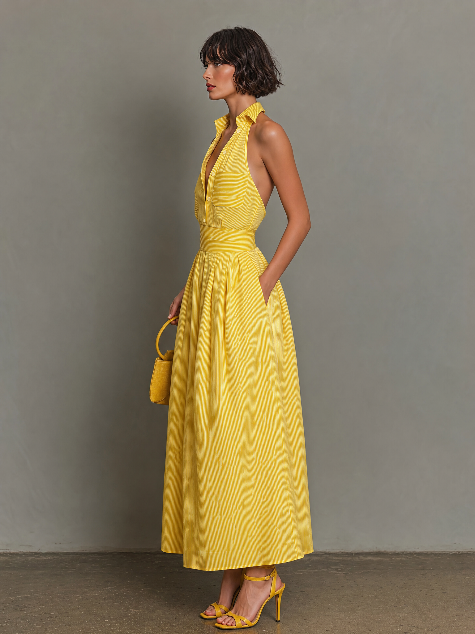 Women's Minimalist Striped Lapel Sleeveless Maxi Dress MDZ1099D5Y