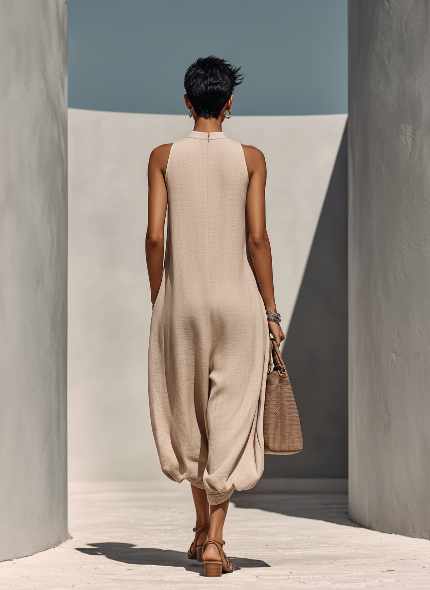 Women’s Beige Linen-Blend Sleeveless Gathered Round Neck Jumpsuit MDZ1113E2T