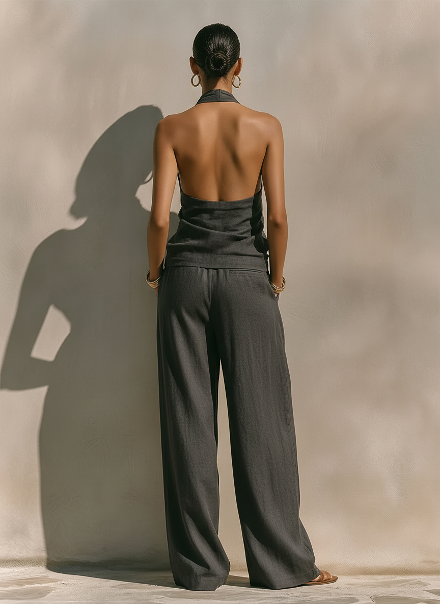 Women's Dark Gray Halter Neck Linen Co-Ord Set With Cross-Front Top & High-Waisted Pants, Modern Effortless-Chic Summer Outfit MDZ1133E0LYL