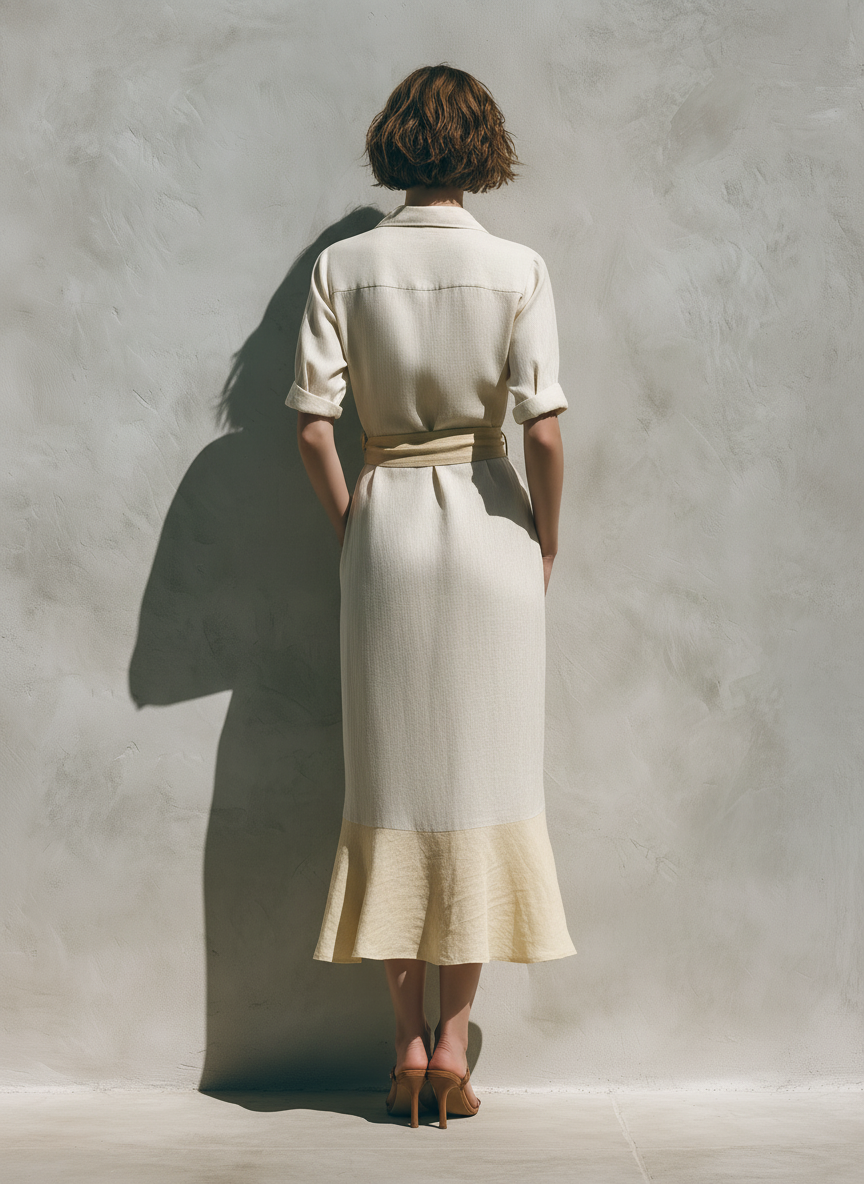 Women’s Linen-Blend Two-Tone Beige Button Down Midi Dress With Waist Tie & Flared Hem MDZ1147F9T