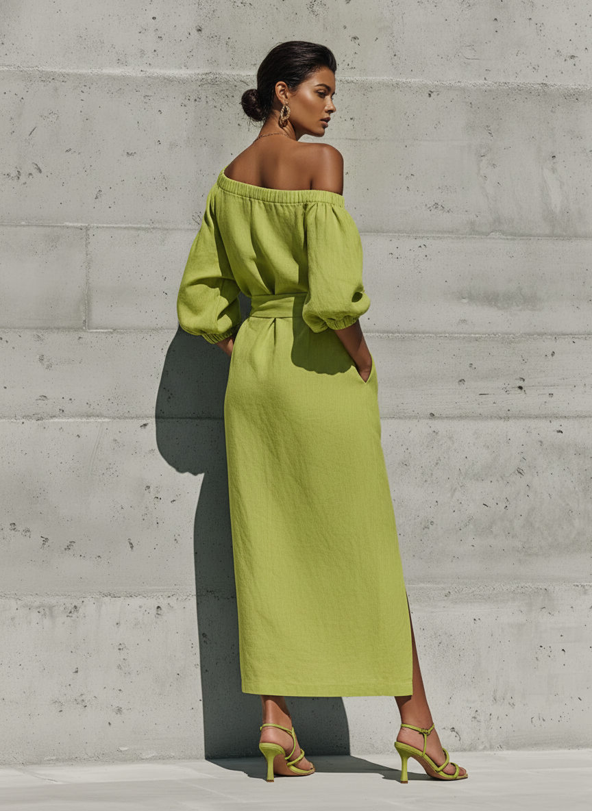 Women’s Lime Green Linen-Blend Off-The-Shoulder Puff Sleeve Tie Waist Midi Dress With Side Slit MDZ1150F0T