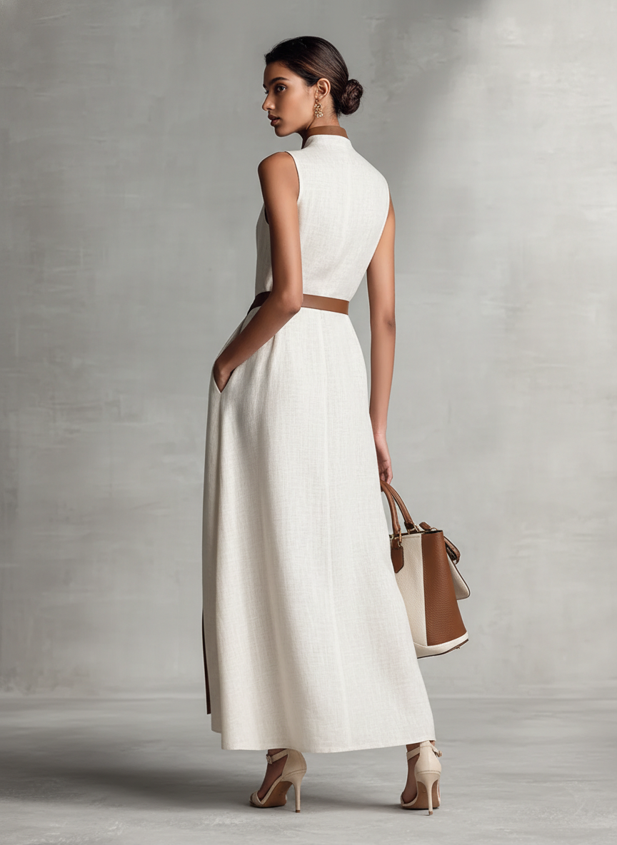 Women's Sleeveless V-Neck Tie-Waist Cotton Linen Maxi Dress MDZ1153B7BA