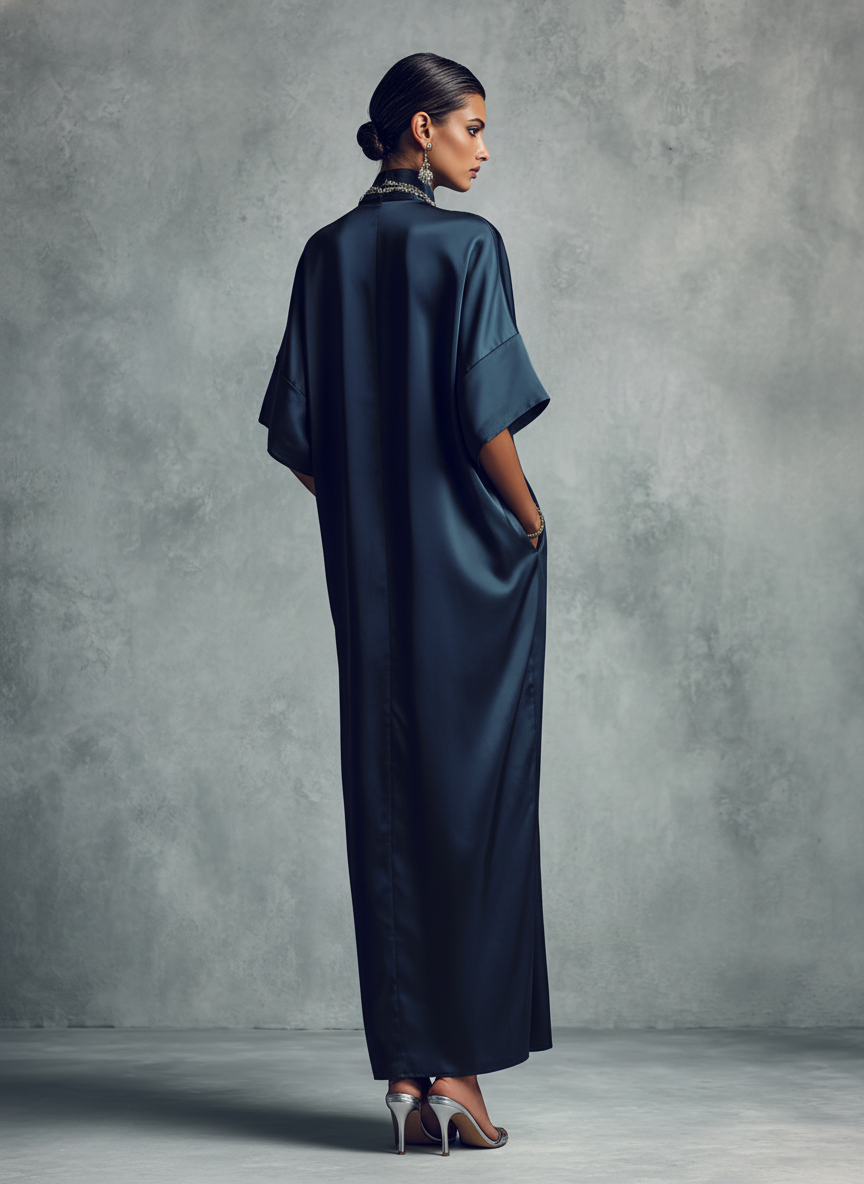 Women's Chinese-style Navy Blue Stand-up Collar Button Midi Dress MDZ1168B4BA